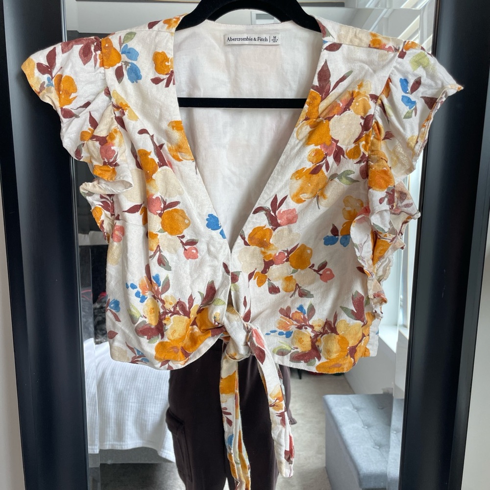 Abercrombie Floral Tie Front Linen Blouse